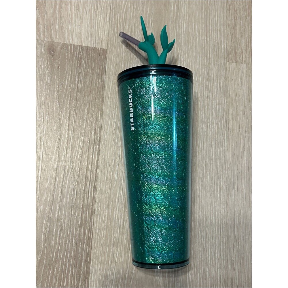 Starbucks Shimmering Emerald Iridescent Double Mermaid Tail Straw Topper Tumbler